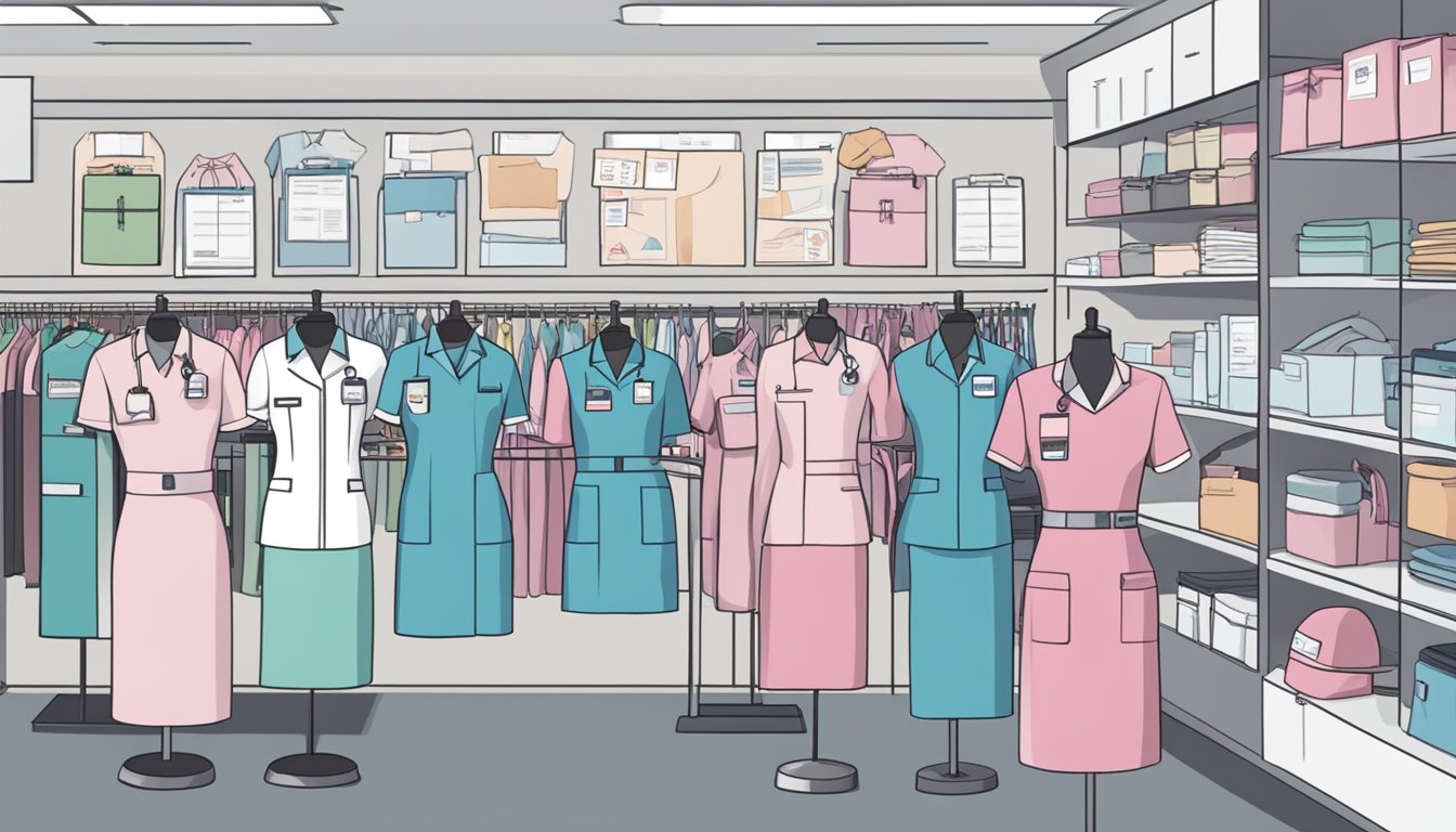 A display of nurse uniforms in a Singapore store, with signage indicating "Frequently Asked Questions" about purchasing