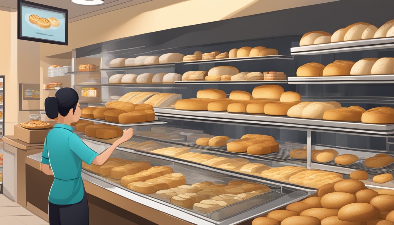 A bustling bakery display showcases fresh English muffin bread in Singapore. Shelves are stacked with loaves, while a friendly staff member assists a customer