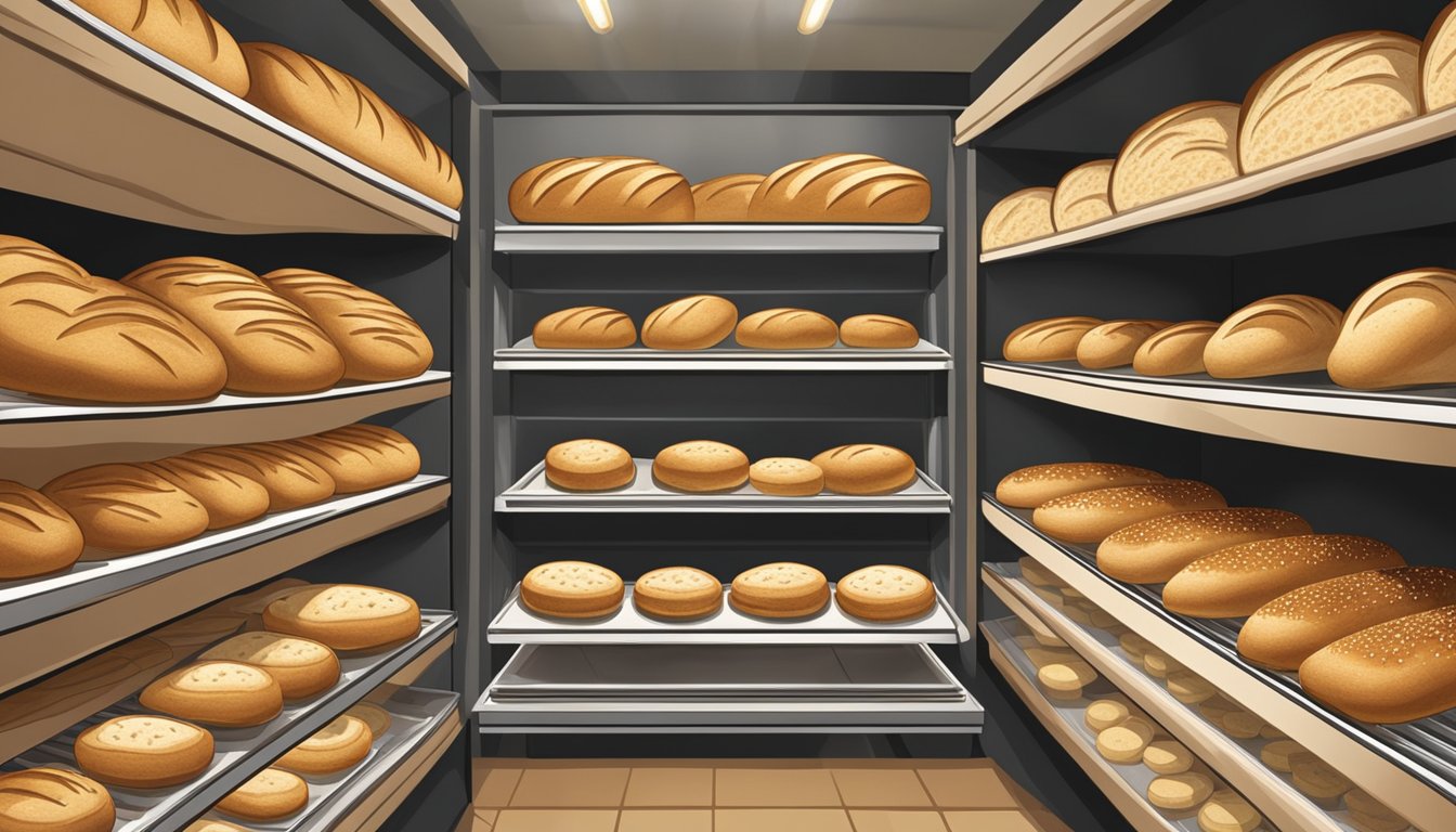 A bustling bakery display showcases rows of freshly baked English muffin bread loaves, with golden brown crusts and a tantalizing aroma filling the air