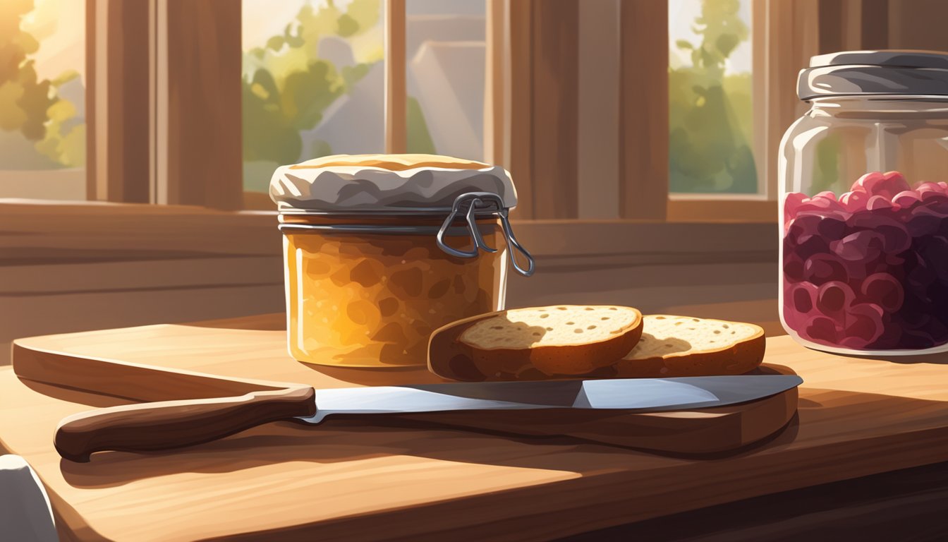 A loaf of English muffin bread sits on a wooden cutting board, next to a jar of jam and a knife. The morning sunlight streams through the window, casting a warm glow on the scene