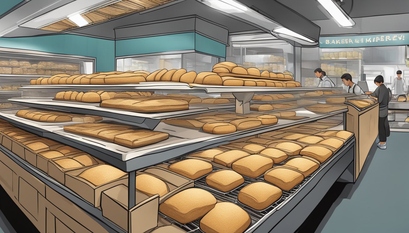 A bustling bakery display with rows of English muffin bread loaves in a Singaporean market
