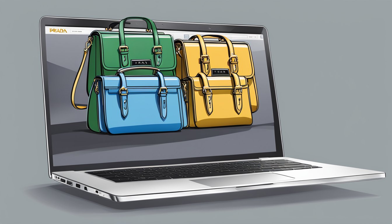 A laptop displaying a website with a variety of Prada bags available for purchase