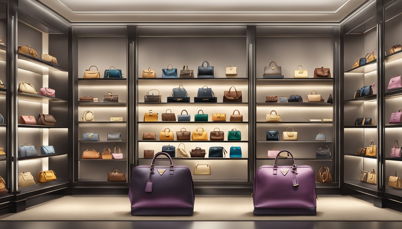 A luxurious display of Prada bags arranged on sleek shelves, with soft lighting highlighting their exquisite details