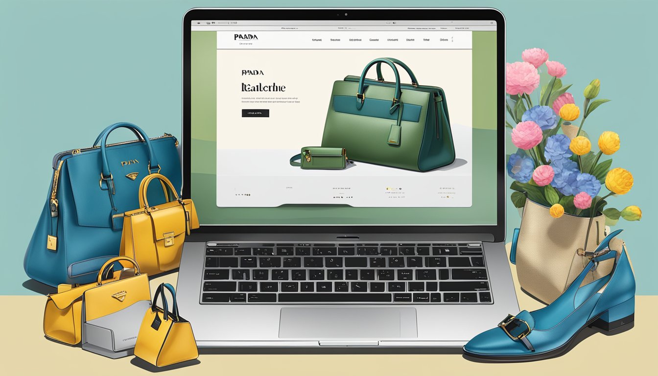 A sleek, modern laptop displaying the Prada website, with a variety of luxurious bags showcased on the screen