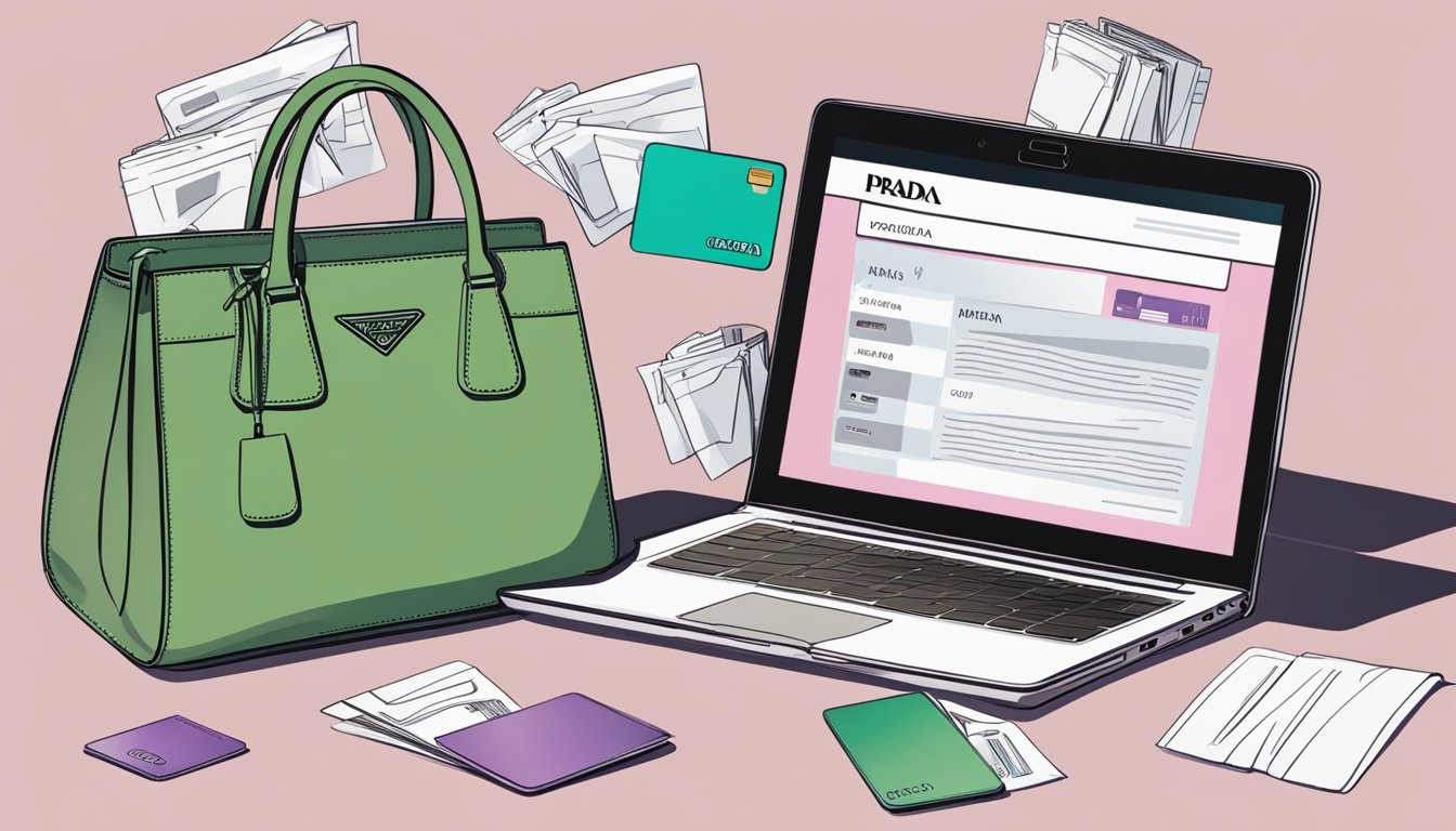 A laptop open to a website with a "Frequently Asked Questions" section about buying Prada bags online, surrounded by a stack of Prada shopping bags and a credit card