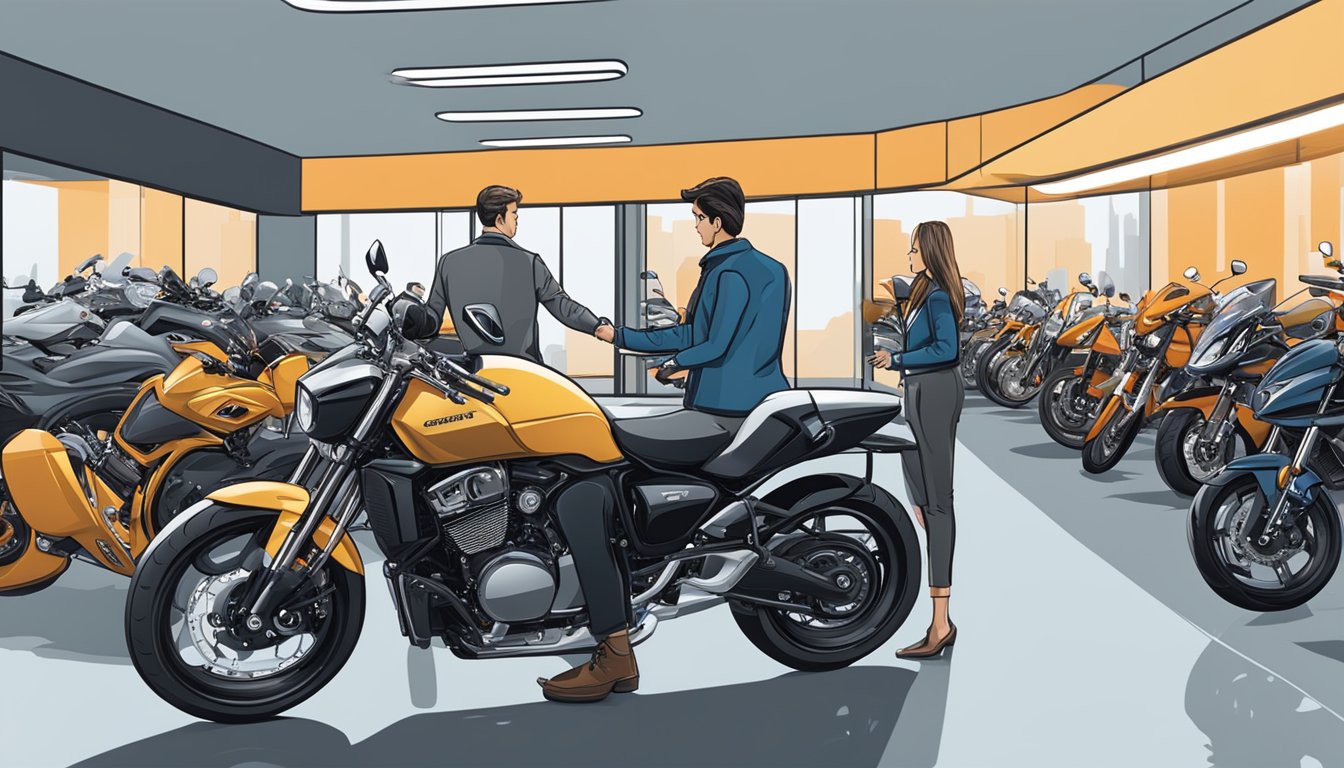 A customer browsing through a showroom of motorcycles, surrounded by sleek and shiny models, while a salesperson points out different features and options