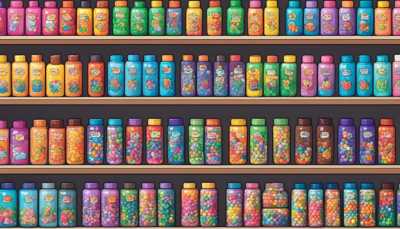 Perler beads displayed on shelves in a craft store in Singapore