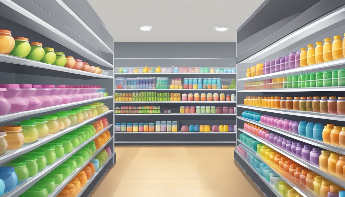 Shelves lined with Tupperware bottles in a brightly lit store in Singapore. Various sizes and colors on display
