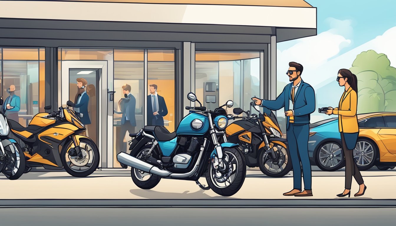 A motorcycle parked in front of a dealership with a salesperson handing over keys to a smiling customer. The showroom is filled with various models and accessories
