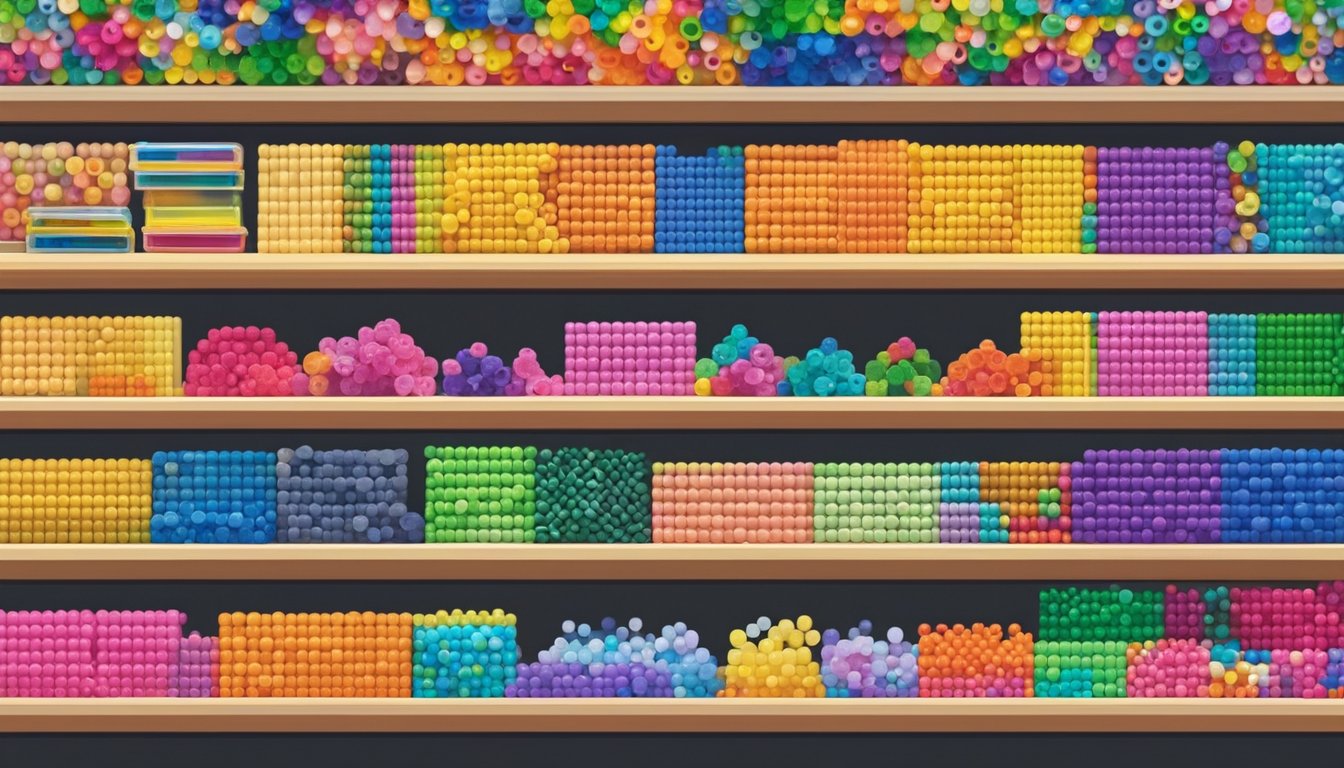 Colorful Perler bead packages line the shelves of a Singaporean craft store, neatly organized by color and size, with a variety of tools and accessories nearby