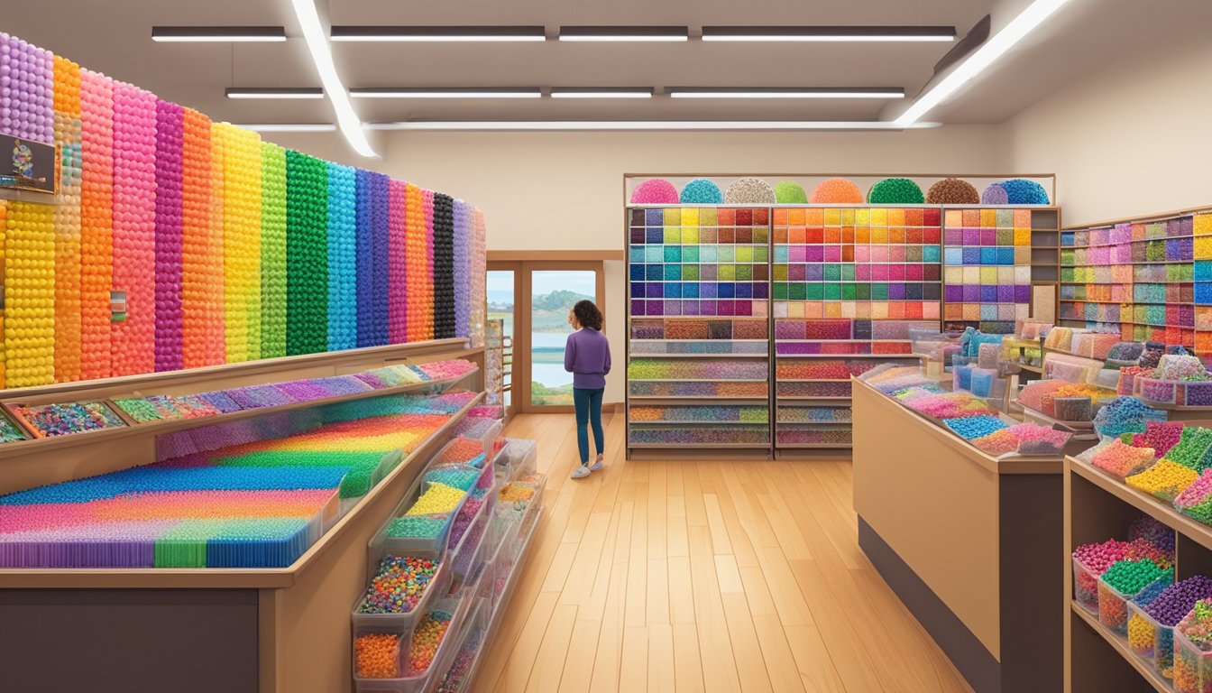 A colorful array of perler beads neatly displayed in a well-lit store, with shelves stocked full of various colors and sizes, and a helpful staff member assisting a customer