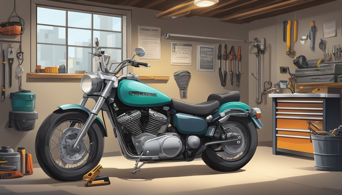 A motorcycle parked in a well-lit garage, with a toolkit and maintenance manual placed nearby. A sign with "Ownership and Maintenance Guide" hangs on the wall
