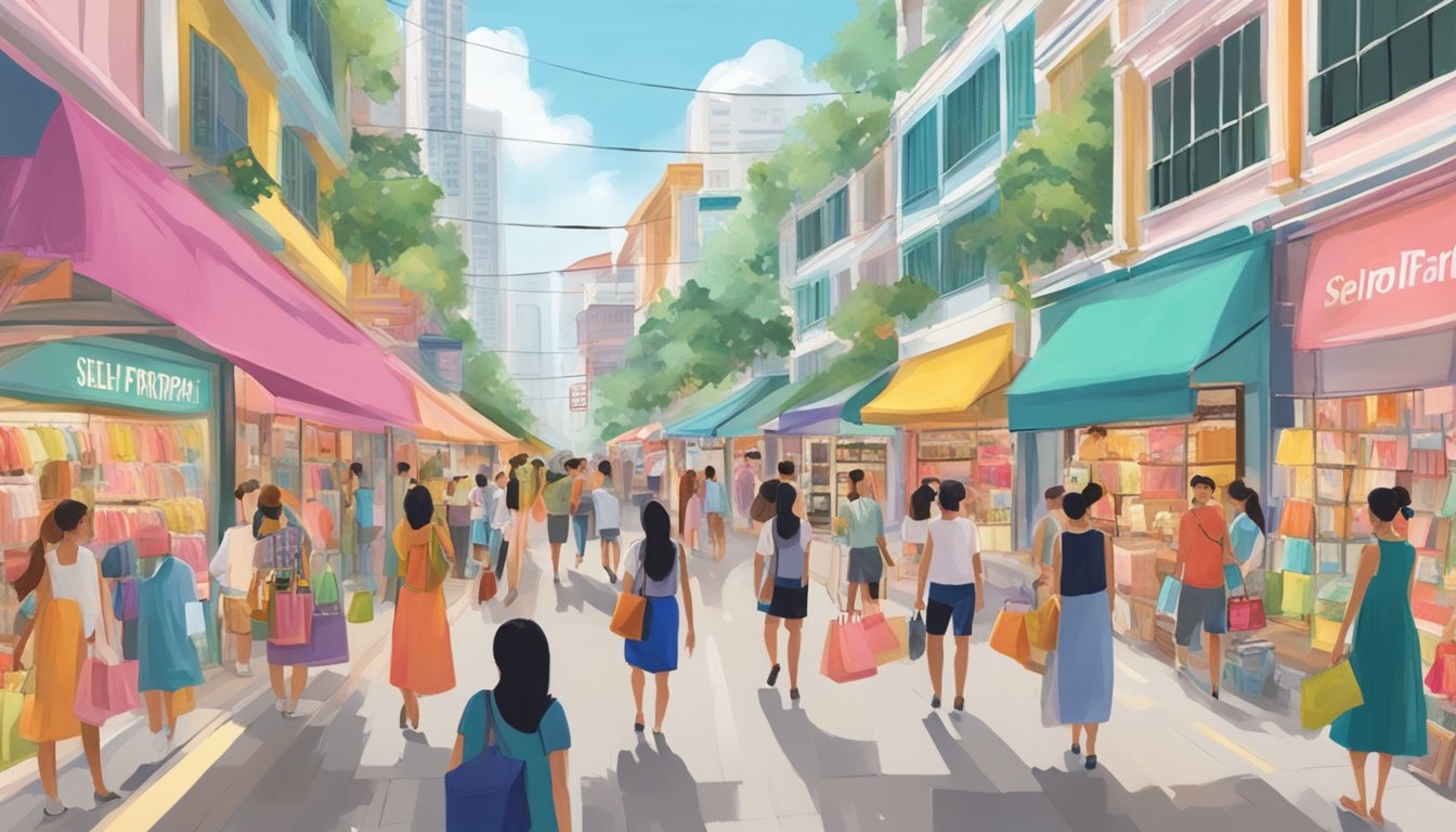 A bustling street in Singapore with colorful storefronts, a sign reading "Self Portrait Dresses" in bold letters, and shoppers browsing through the racks