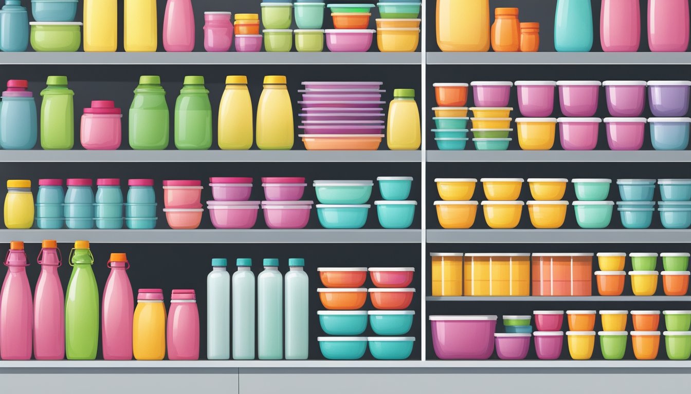 Tupperware bottles arranged neatly on shelves in a bright, modern store in Singapore, with colorful labels and a variety of sizes
