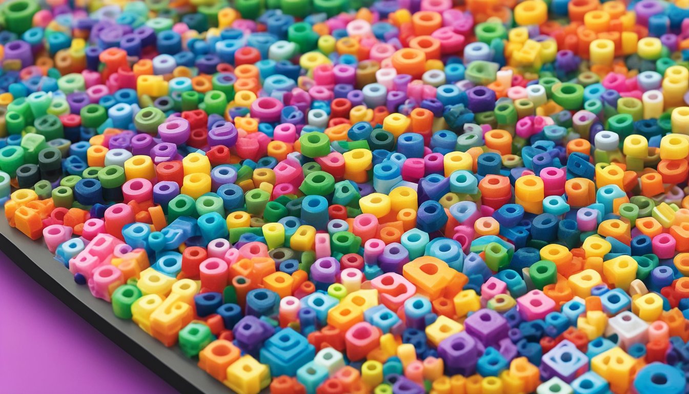 A display of colorful perler beads arranged in a Singaporean store, with a sign indicating "Frequently Asked Questions: Where to buy perler beads in Singapore."