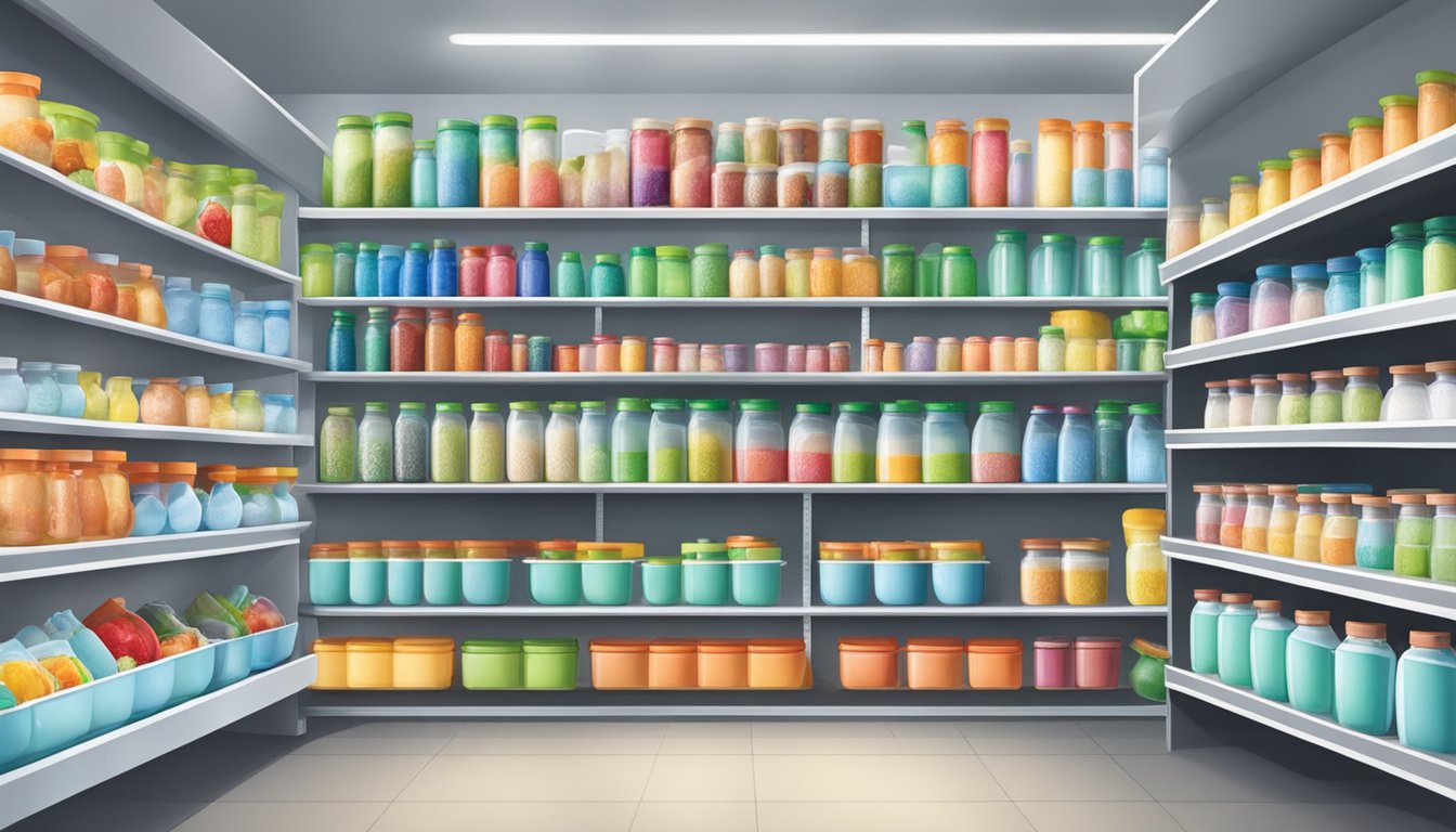 Shelves lined with Tupperware bottles in a Singapore store