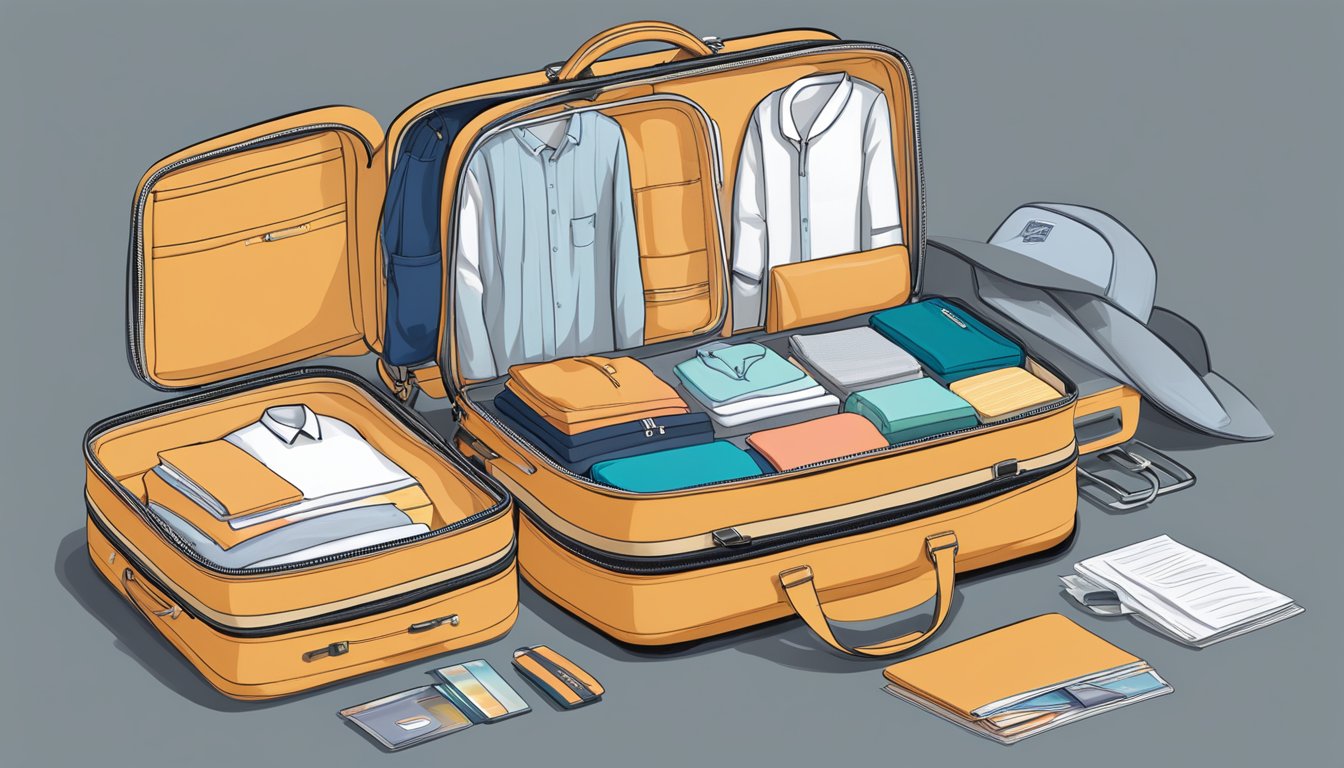A suitcase with the Samsonite logo sits open, revealing its spacious interior. A laptop, clothes, and toiletries are neatly packed inside. An open laptop displays a website with the option to "buy Samsonite luggage online."