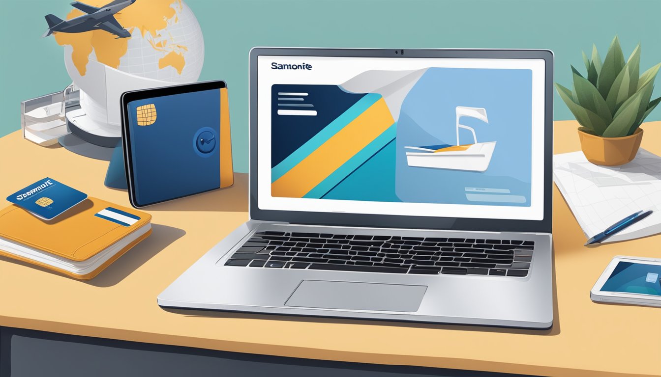 A laptop with a browser open to the Samsonite website, a credit card, and a shipping address