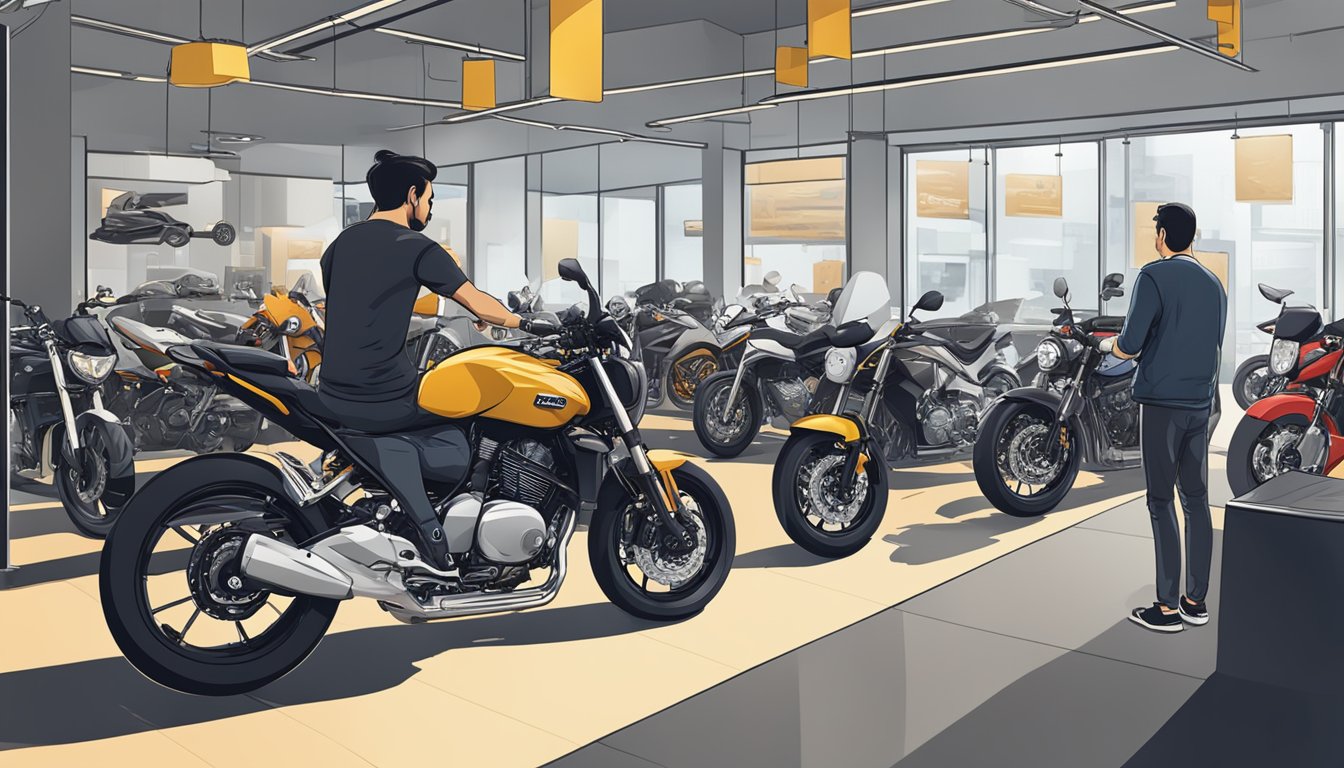 A customer browsing through a motorcycle showroom in Singapore, looking at different models and reading a "Frequently Asked Questions" guide