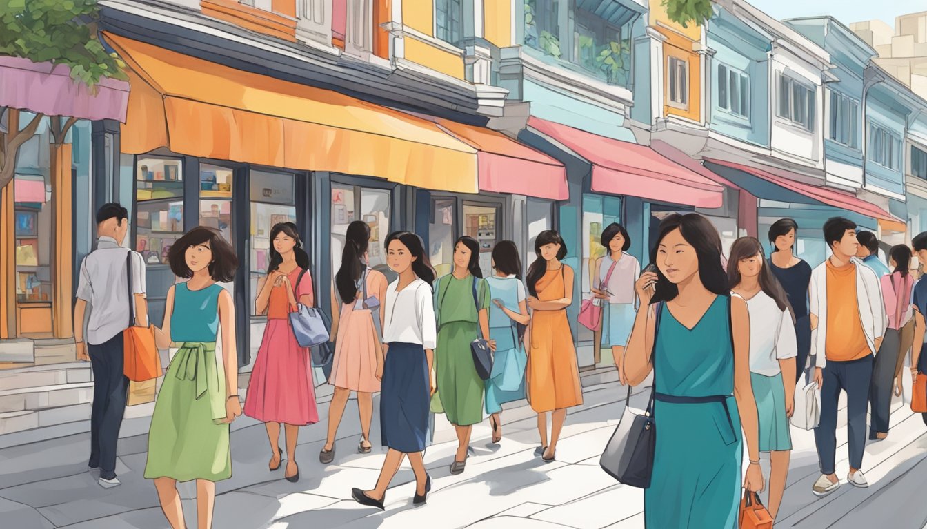 A bustling street in Singapore with vibrant storefronts displaying self portrait dresses, with people browsing and asking questions