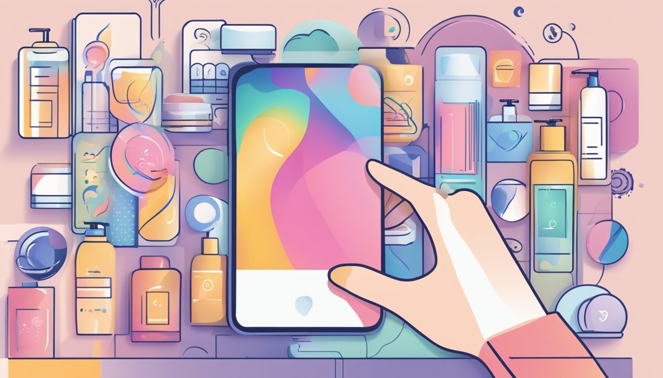 A hand reaches for a smartphone, with a body cream displayed on the screen. A "buy now" button is highlighted