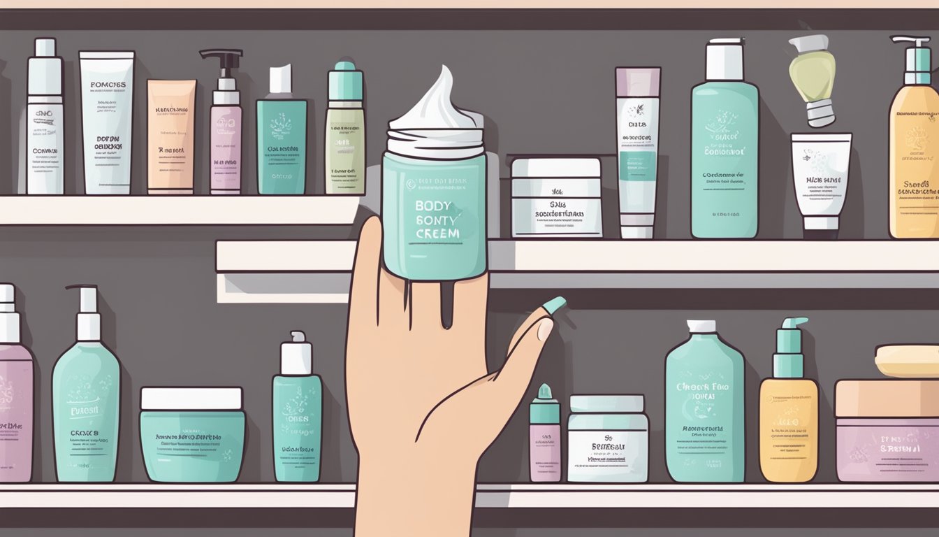 A hand reaches for a jar of body cream on a shelf, surrounded by various skincare products. The label on the jar reads "Choosing the Right Body Cream."