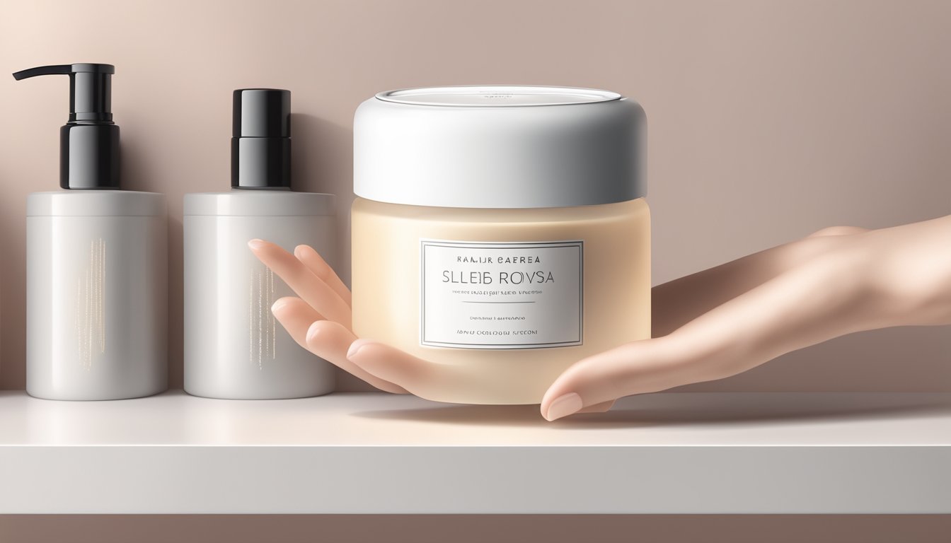 A hand reaches for a jar of body cream on a sleek, modern shelf. Soft lighting highlights the product's luxurious packaging