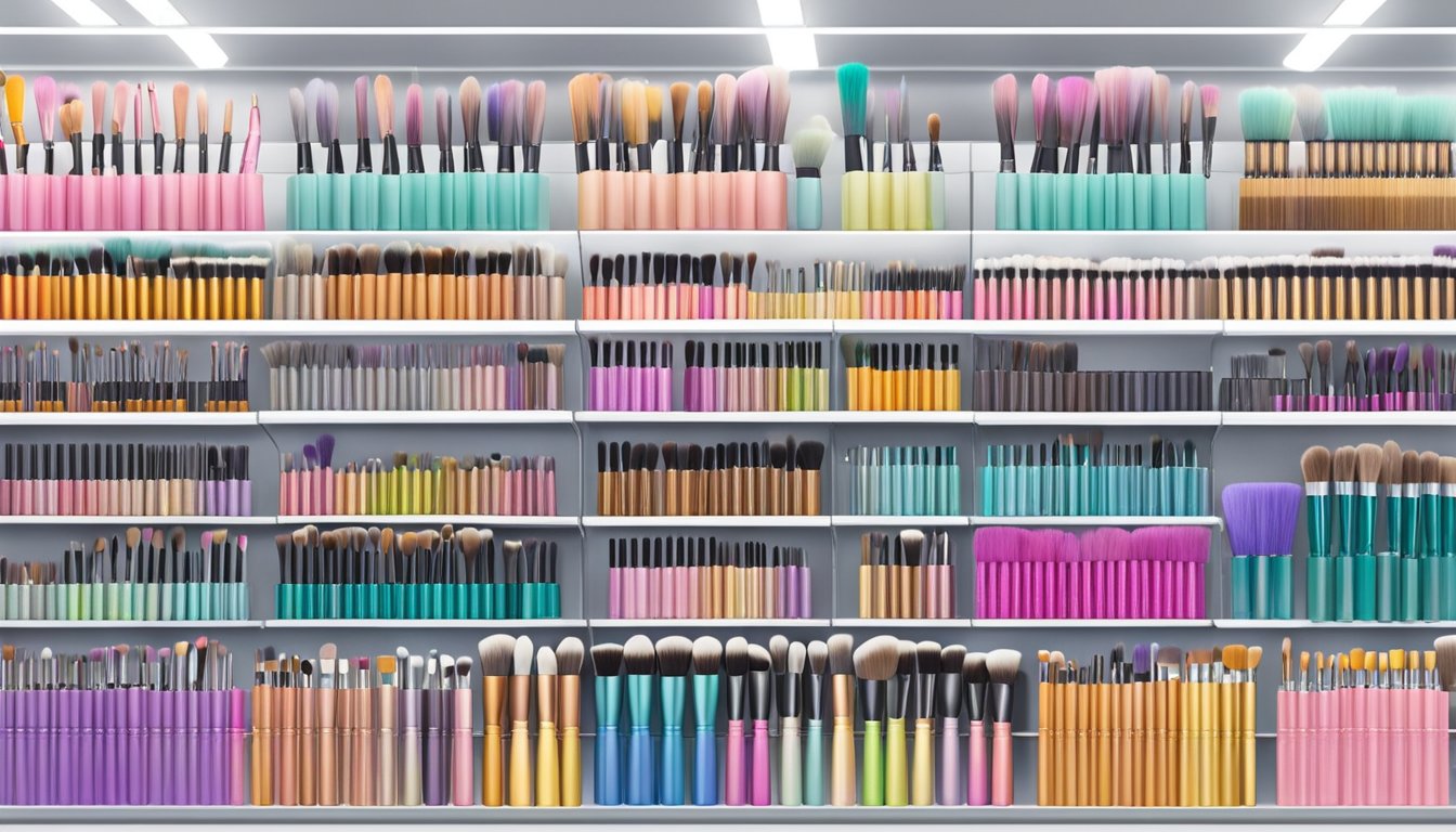 Real Techniques Brushes displayed on shelves in a well-lit, organized beauty store in Singapore