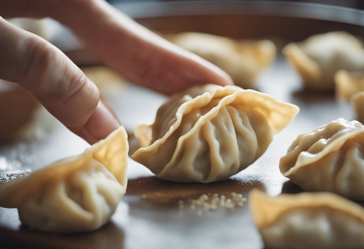 A pair of hands expertly folds and pinches dough around a savory pork filling, creating perfect Chinese dumplings