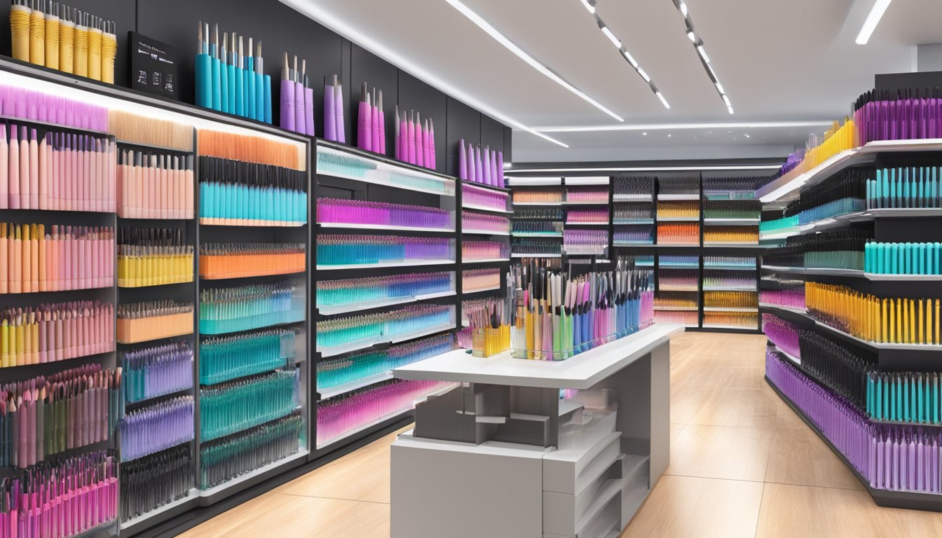 Real Techniques brushes displayed on shelves in a Singapore store
