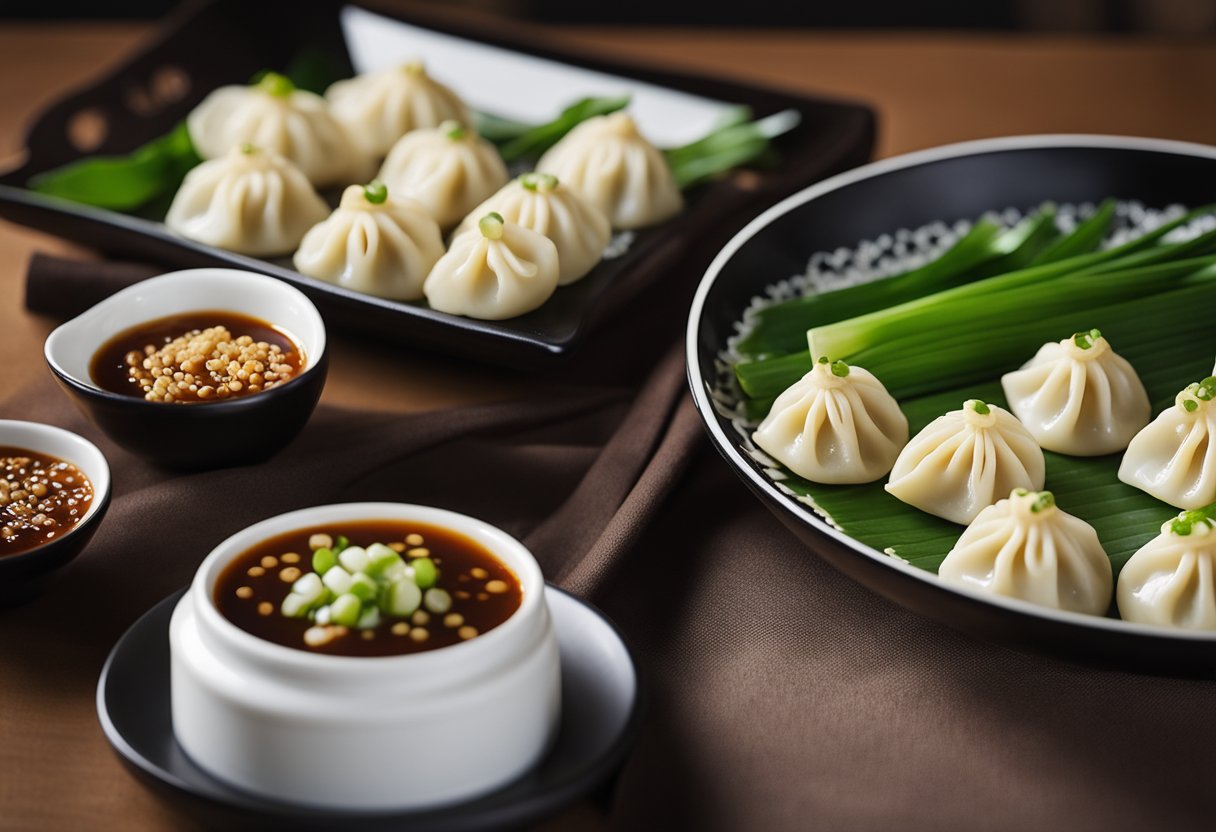 A small dish of dipping sauce sits next to a plate of Chinese pork dumplings, with a side of fresh green onions and a sprinkle of sesame seeds