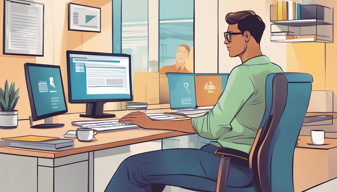 Customers browsing a computer screen with "Frequently Asked Questions" about purchasing Microsoft Office online