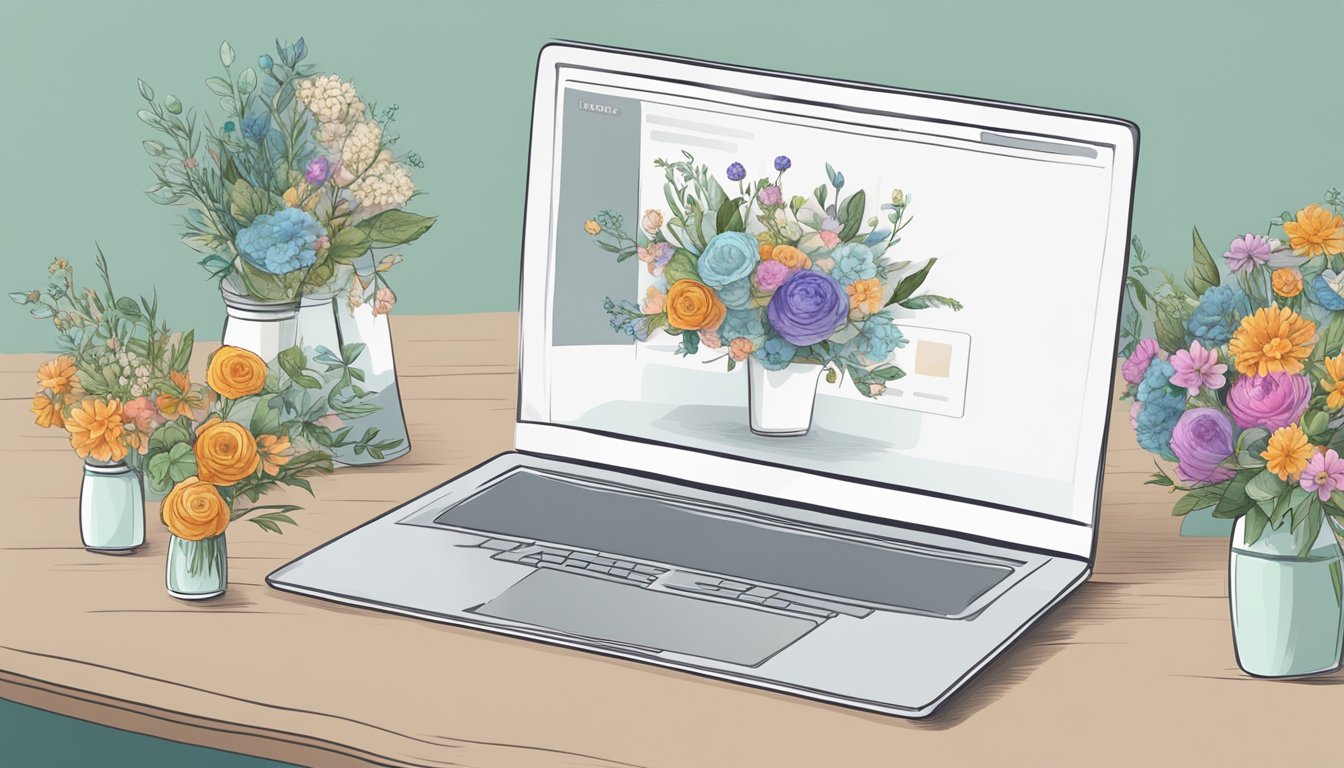A computer screen displaying a website with various bridal bouquet options. A cursor hovers over a selection, ready to make a purchase