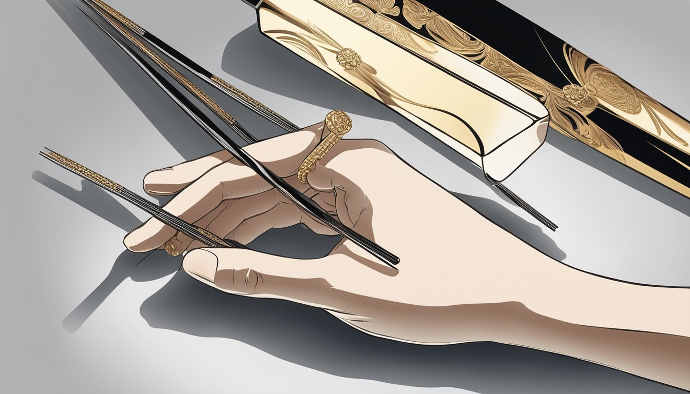 A hand reaches for a pair of elegant chopsticks, carefully inspecting the smooth, polished surface. The light catches the intricate design, highlighting the delicate craftsmanship