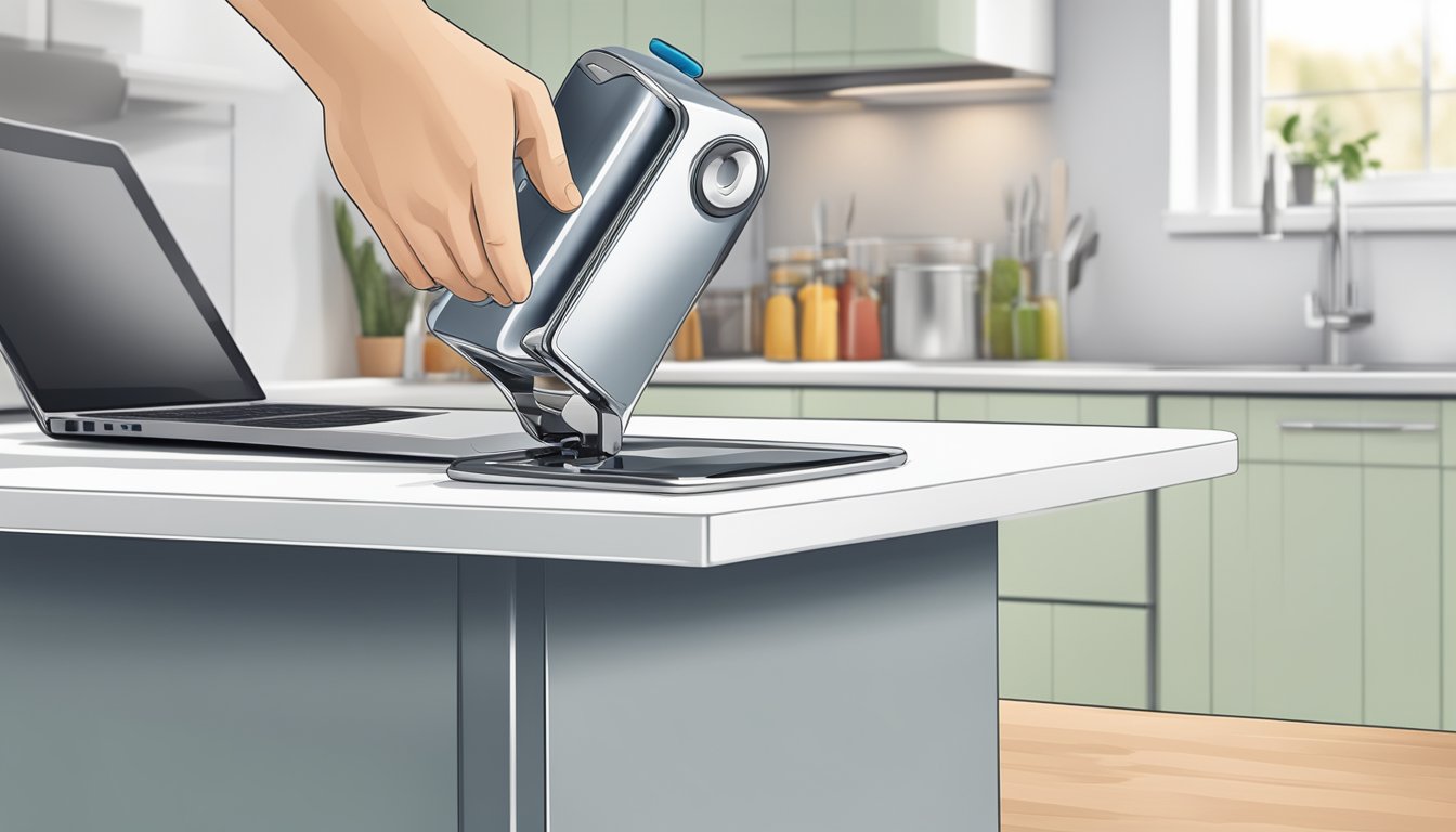 A hand reaches for a sleek, stainless steel can opener on a clean, modern kitchen counter, with a laptop open to an online shopping site in the background