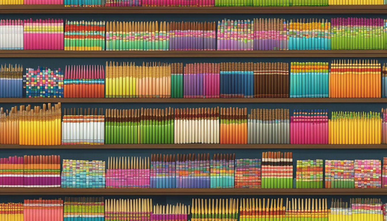 A bustling market stall in Singapore displays an array of colorful chopsticks for sale, neatly arranged in rows and catching the sunlight