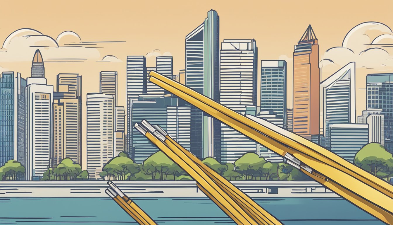 A stack of chopsticks with "Frequently Asked Questions" displayed, set against a backdrop of Singapore landmarks