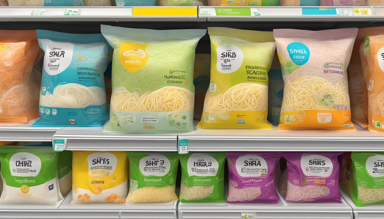 A display of various brands of shirataki noodles on a supermarket shelf in Singapore. Bright packaging with clear labels and price tags