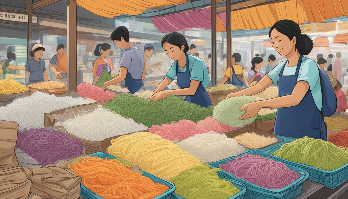 A bustling Singapore market stall displays various brands of shirataki noodles, with colorful packaging and price tags. Customers inquire about the products as vendors assist them