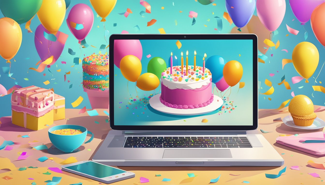 A laptop on a table, with a cake displayed on the screen, surrounded by colorful balloons and confetti