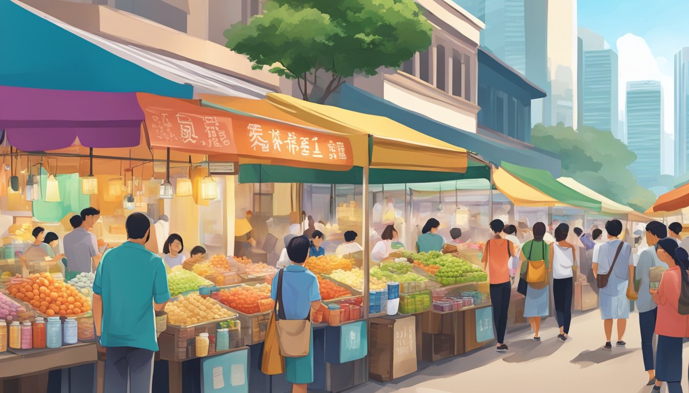 A bustling street market in Singapore, with colorful stalls selling amazake in glass bottles and friendly vendors offering samples to passersby