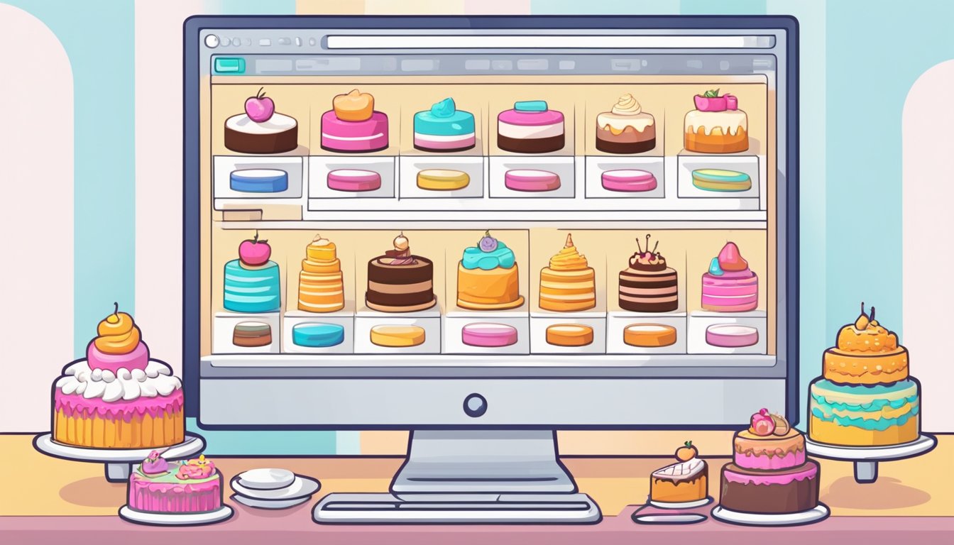 A computer screen displays a website with a variety of cake options. A cursor clicks on the desired cake and adds it to the virtual shopping cart