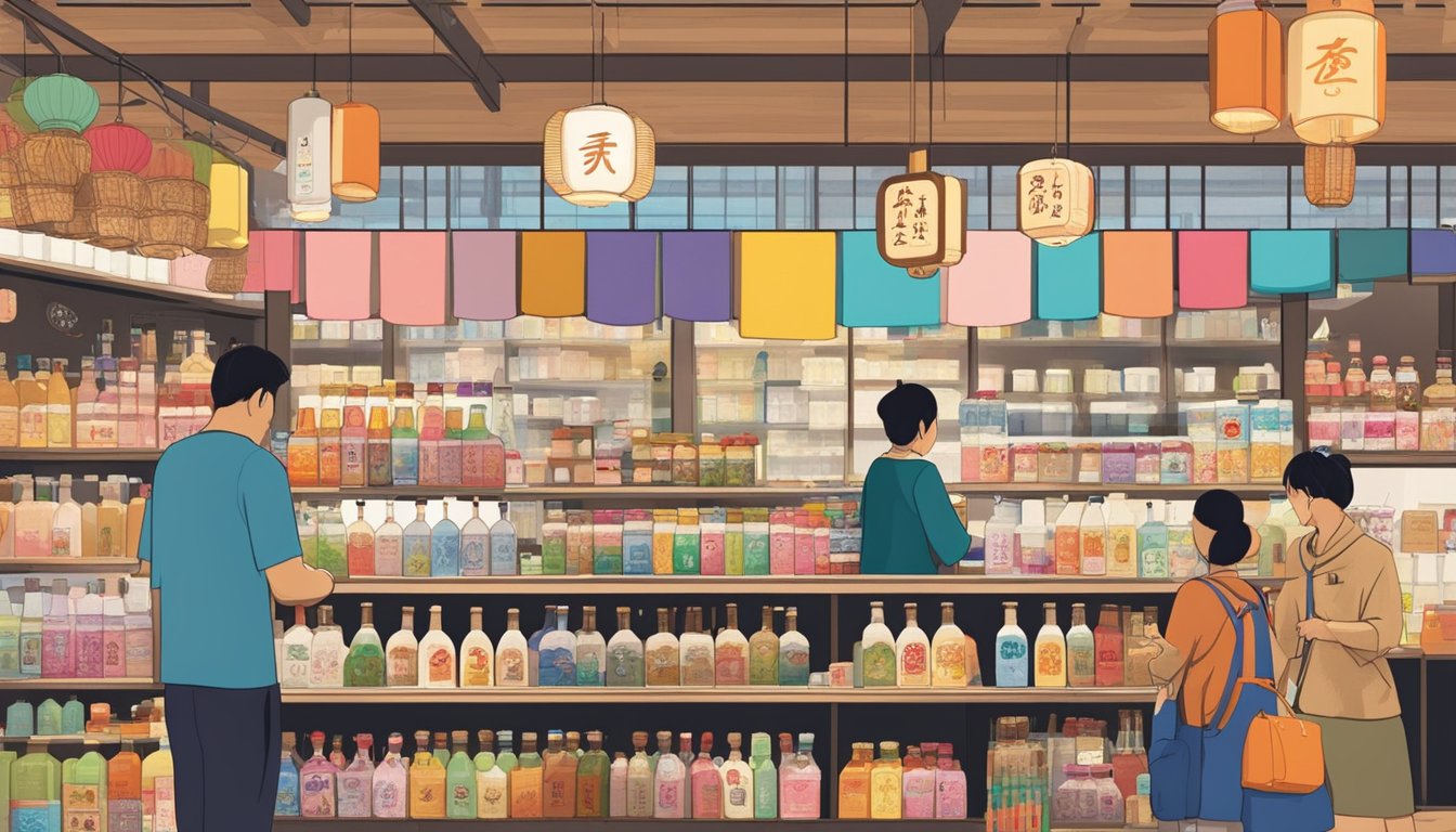 A bustling Singapore market stall showcases bottles of traditional Japanese amazake, with colorful signage and eager customers browsing the selection