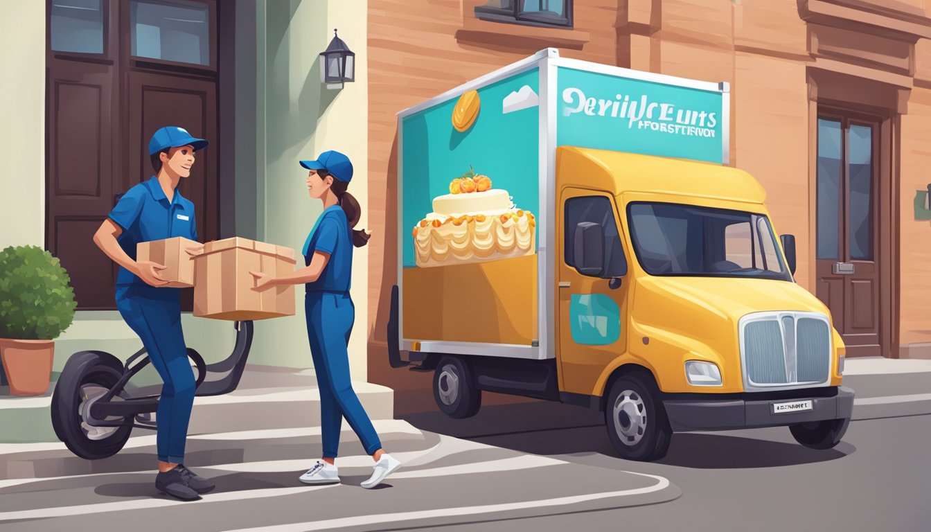 A delivery person drops off a cake at a doorstep, while another person collects a package from a delivery truck