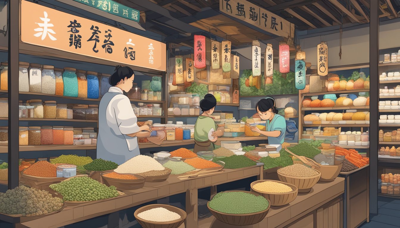 Amazake displayed in a vibrant market stall, surrounded by various culinary ingredients. Signage highlights its health benefits and origins