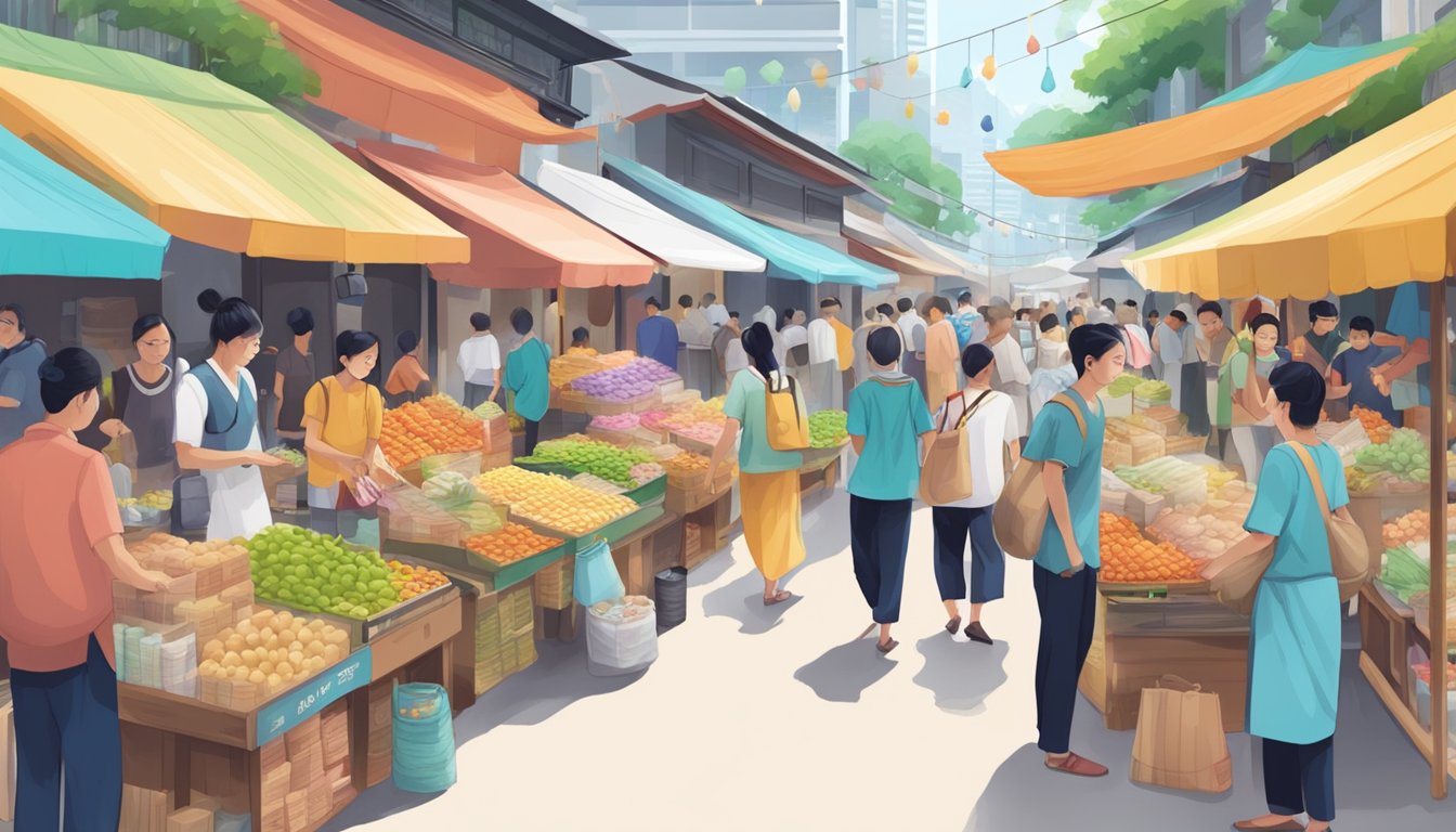 A bustling marketplace with colorful amazake vendors and eager customers in Singapore