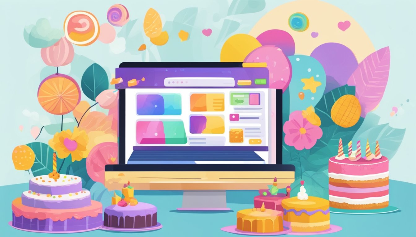 A laptop displaying a website with "Frequently Asked Questions buy cake online singapore" at the top, surrounded by colorful cake images and a checkout button