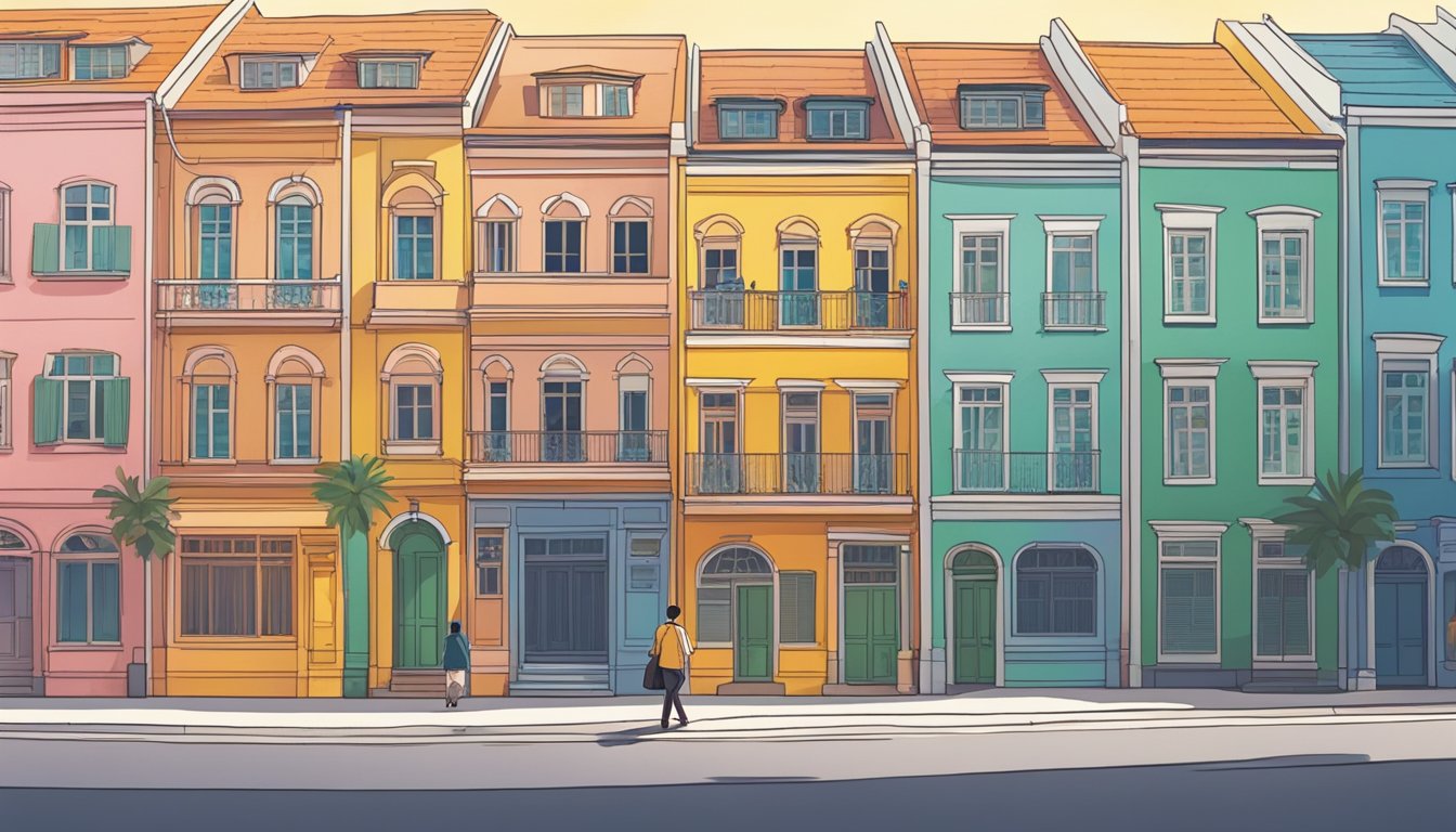 A person stands in front of a row of colorful buildings, contemplating their options for buying a 1 room flat in Singapore. The sun shines brightly, casting long shadows on the street