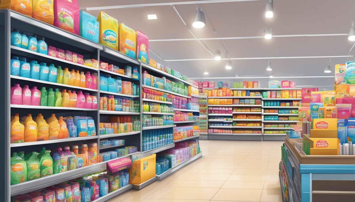 A bustling household store in Singapore showcases shelves stocked with Supa Mop products, featuring vibrant packaging and prominent branding