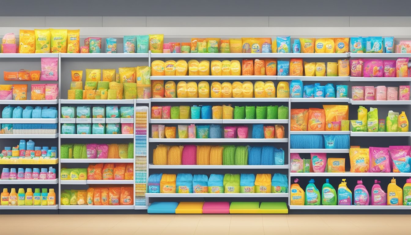 A variety of Supa Mop products displayed on shelves in a brightly lit store, with colorful packaging and clear signage indicating availability in Singapore